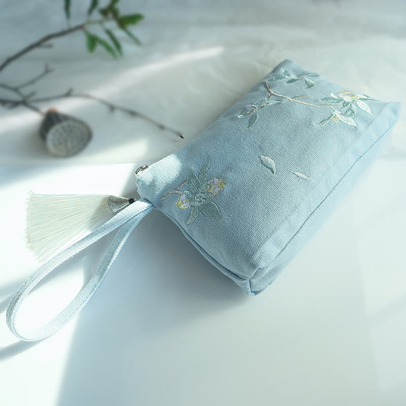Nimara Ritual Small Flower Plum Cherry Crane Peach Blossom Embroidery Canvas Wallet Shopping Purse