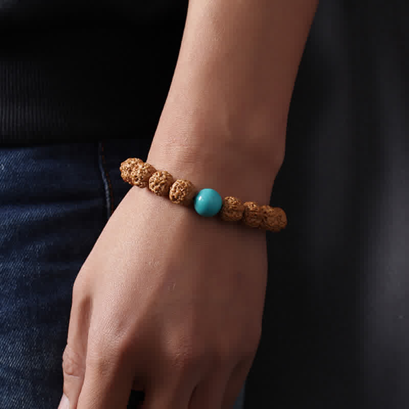 Nimara Ritual Tibet Rudraksha Bodhi Seed Dzi Bead Amber Turquoise Wealth Bracelet