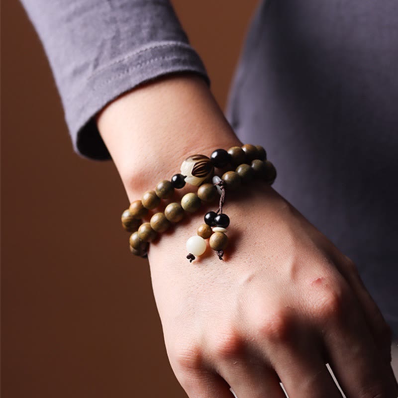 Nimara Ritual Green Sandalwood Bodhi Seed Lotus Soothing Double Wrap Bracelet