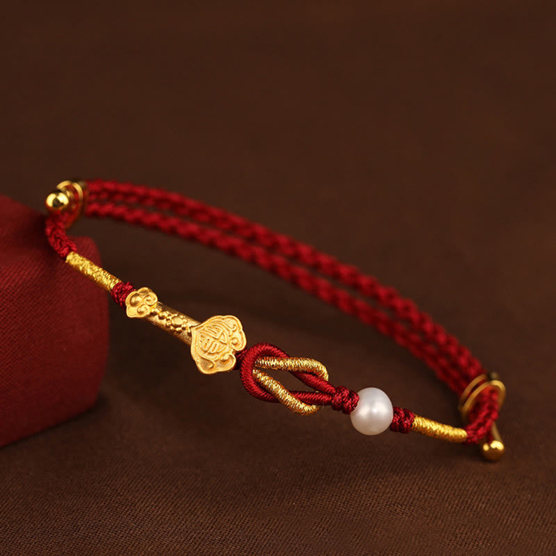 Nimara Ritual 24K Gold Wish Ruyi Handle Fu Character Rabbit Pearl Luck Braided Bracelet