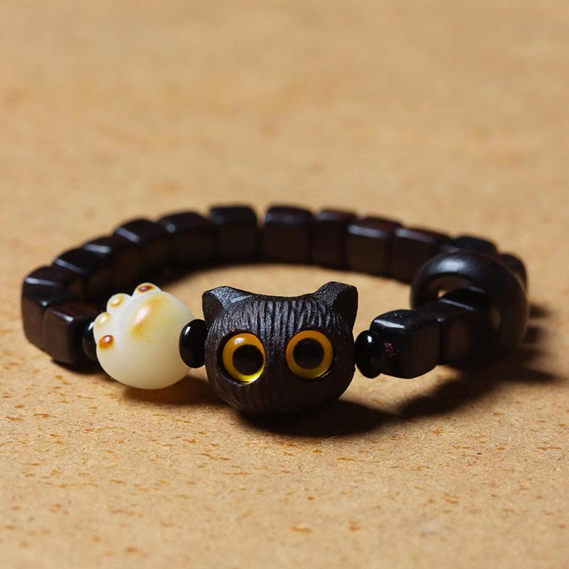 Nimara Ritual Ebony Wood Cute Cat Bodhi Seed Paw Claw Square Beads Calm Bracelet