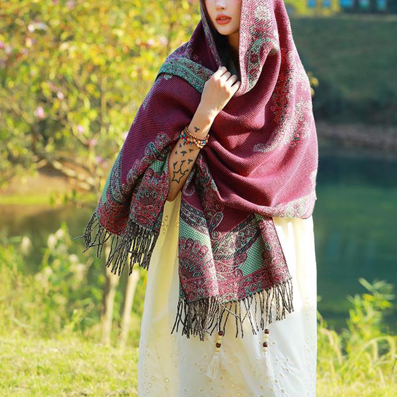 Nimara Ritual Tibetan Vine Leaves Pattern Design Shawl Cozy Travel Scarf Wrap