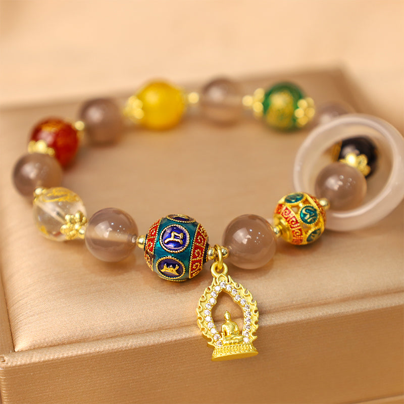 Nimara Ritual Natural Gray Agate Five Directions Gods of Wealth Om Mani Padme Hum Buddha Charm Bracelet