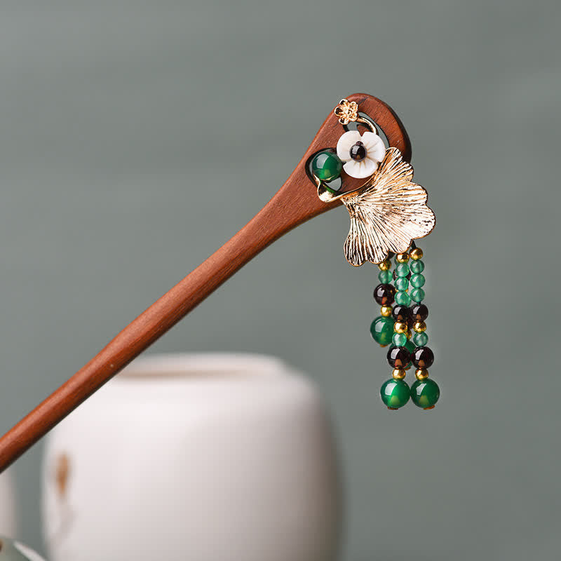 Nimara Ritual Red Sandalwood Green Agate Ginkgo Leaf Protection Hairpin