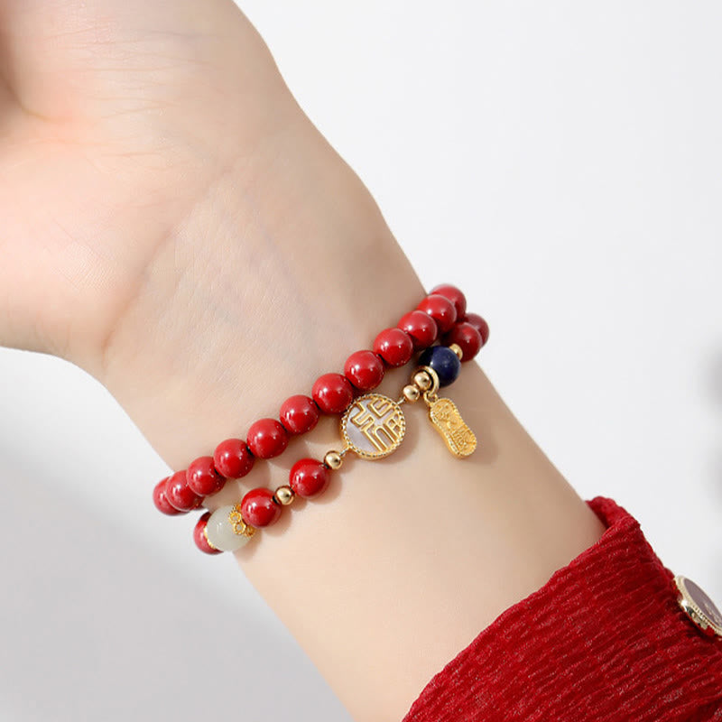 Nimara Ritual 925 Sterling Silver Cinnabar Tridacna Stone Fu Character Double Wrap Blessing Bracelet