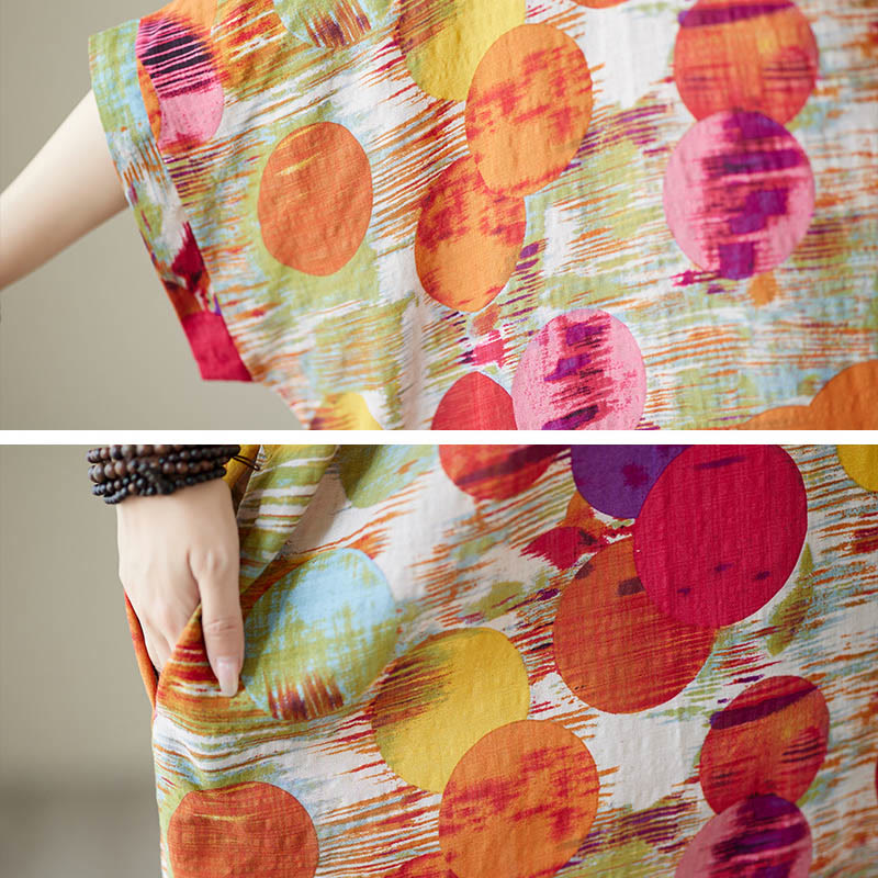 Nimara Ritual Orange Blue Colorful Polka Dots Midi Dress Cotton Half Sleeve Dress With Pockets