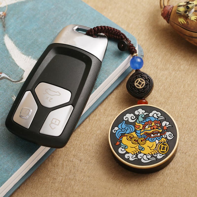 Nimara Ritual PiXiu Copper Coin Ebony Wood Luck Attract Wealth Key Chain Decoration