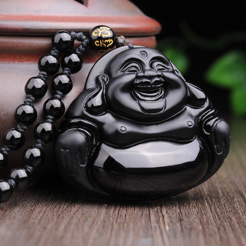 Nimara Ritual Laughing Buddha Black Obsidian Transformation Pendant Necklace