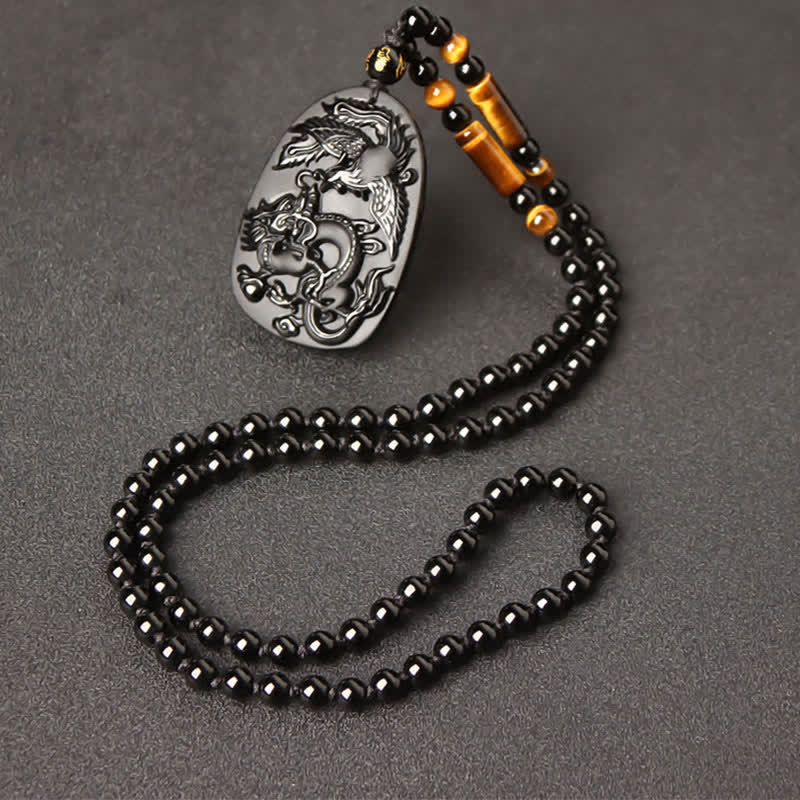 Nimara Ritual Black Obsidian Tiger Eye Dragon Phoenix Protection Beaded Necklace Pendant