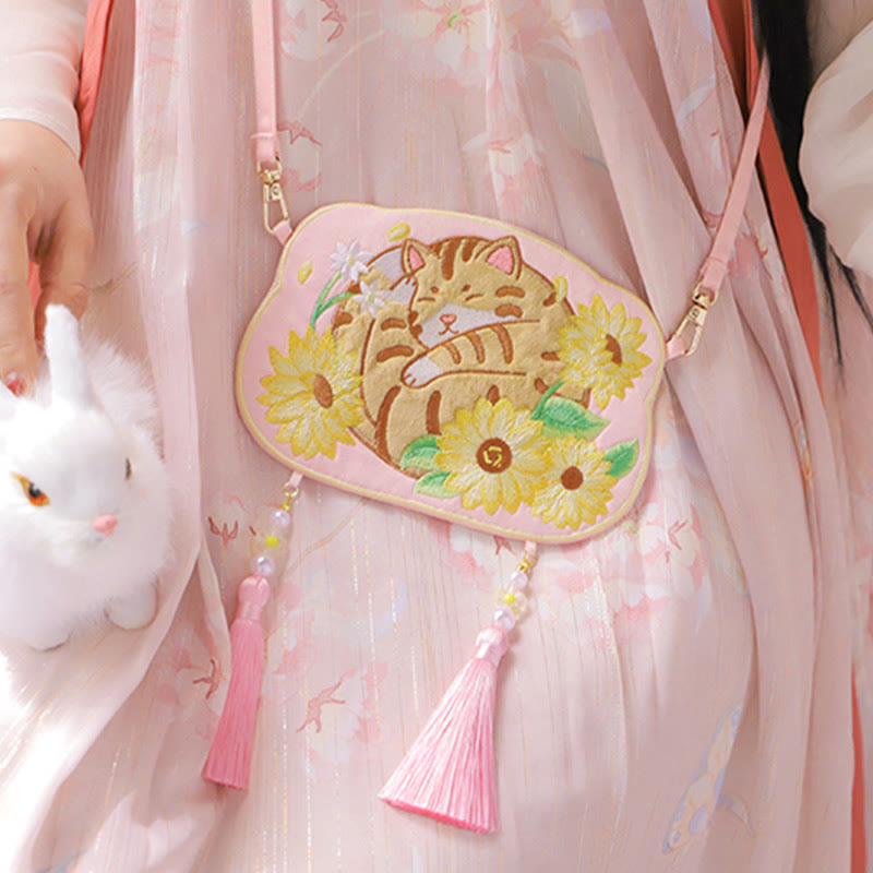 Nimara Ritual Embroidery Lucky Panda Cat Shiba Inu Deer Rabbit Fox Flower Cute Animal Hanfu Bag Crossbody Bag Shoulder Bag