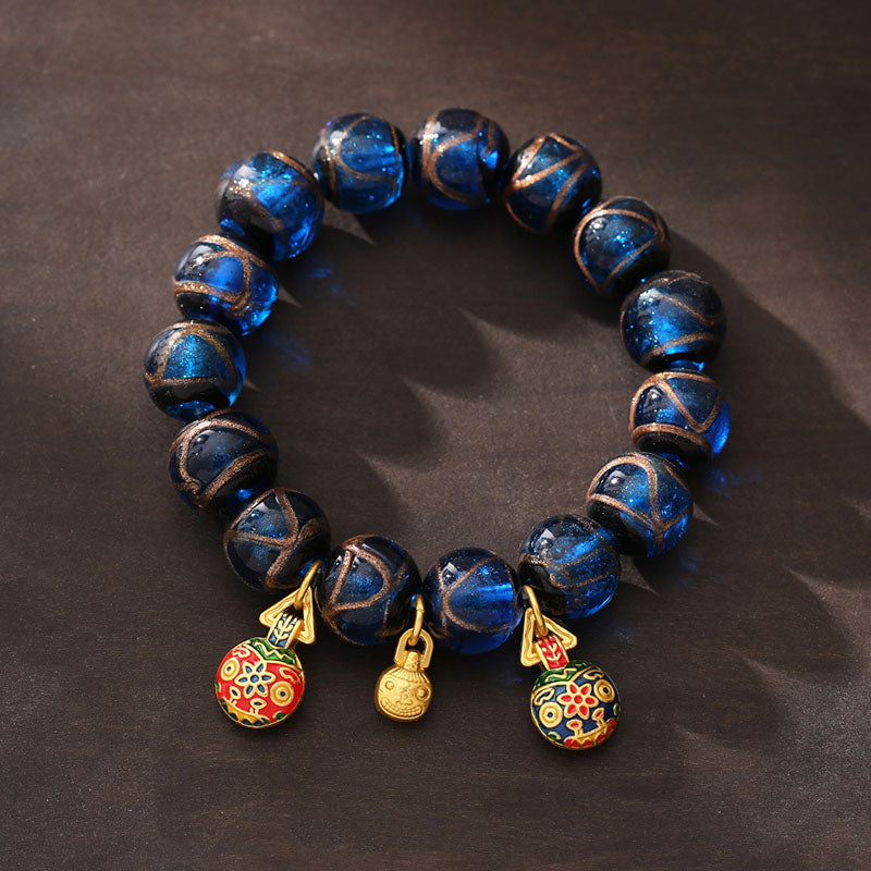 Nimara Ritual Gold Swallowing Beast Luck Charm Blue Liuli Glass Bead Fortune Bracelet