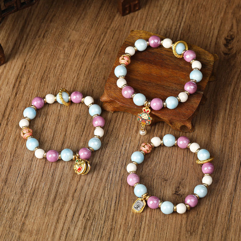 Nimara Ritual Tibetan Zakiram Goddess of Wealth Rabbit Lion Head Charm Liuli Glass Incense Ash Porcelain Bead Protection Bracelet