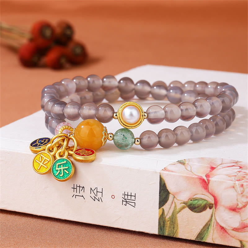 Nimara Ritual Natural Gray Agate Peace And Joy Charm Balance Double Wrap Bracelet
