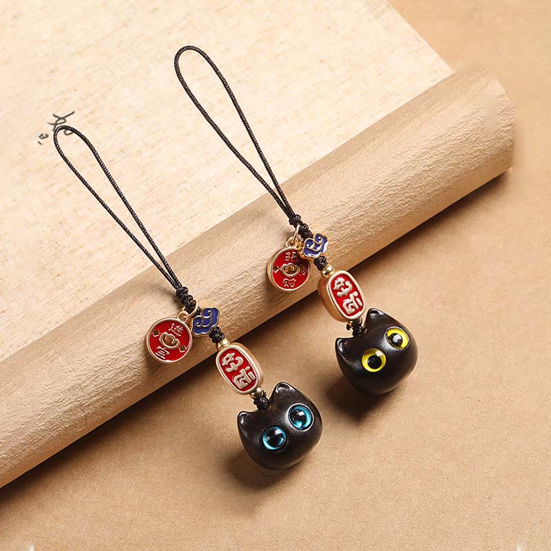 Nimara Ritual Ebony Wood Lucky Cat Auspicious Cloud Peace Key Chain Phone Hanging Decoration