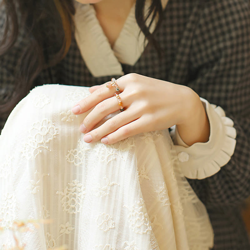 Nimara Ritual 14k Gold Plated Copper Fu Lu Shou Crystal Peach Moonstone Happiness Wealth Ring