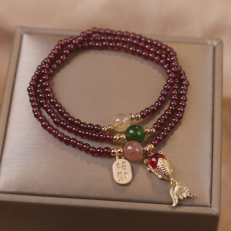 Nimara Ritual Natural Garnet Strawberry Quartz Crystal Fox Koi Fish Peace Buckle Fortune Protection Triple Wrap Bracelet