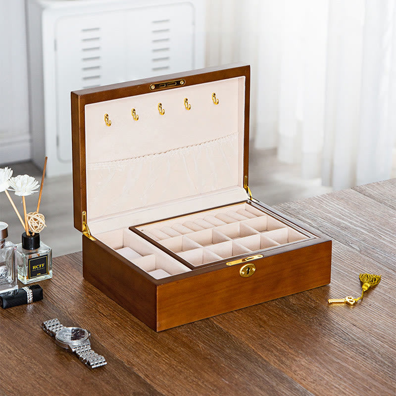 Nimara Ritual Vintage Wooden Jewelry Box Two-Layer Solid Wood Jewelry Storage Box