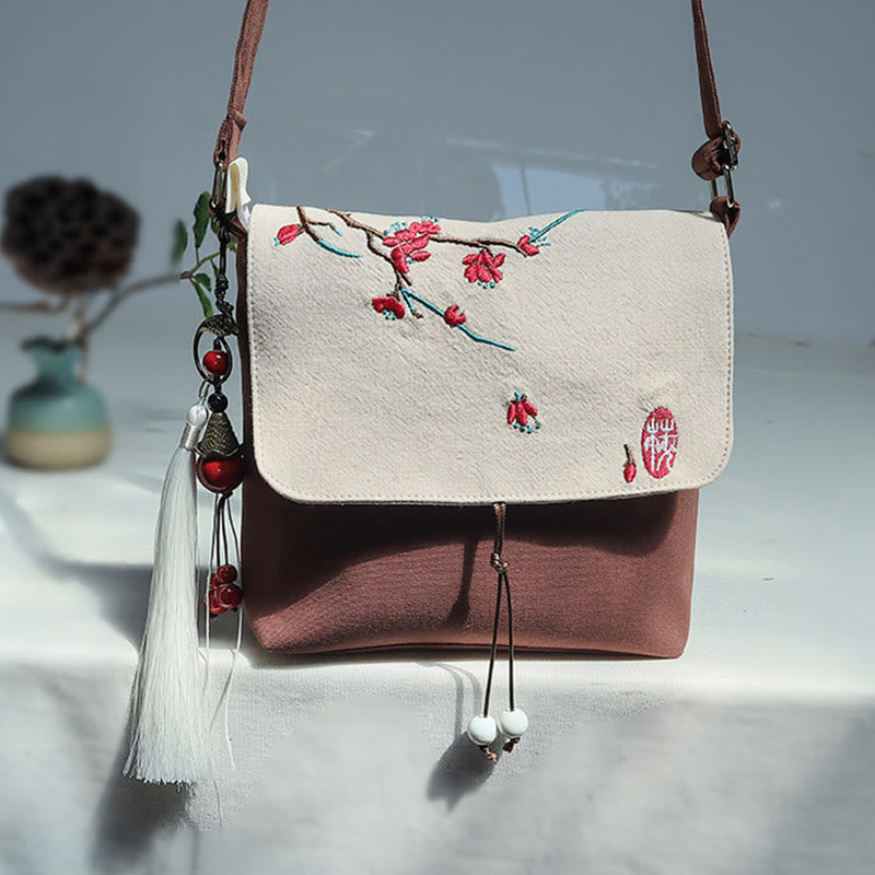 Nimara Ritual Handmade Embroidered Plum Flowers Canvas Crossbody Bag Shoulder Bag Handbag