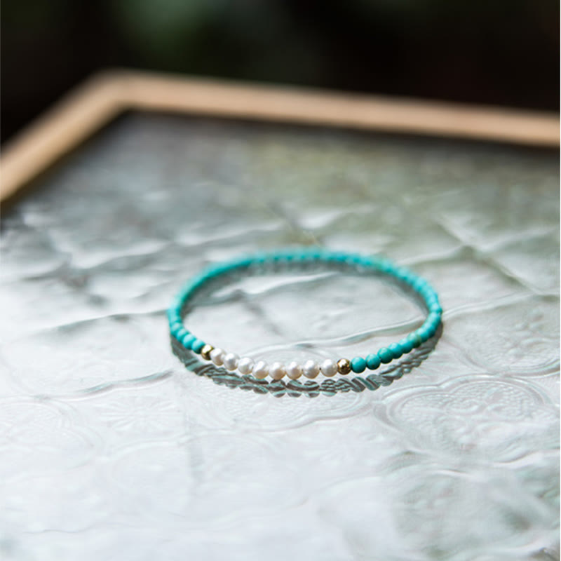 Nimara Ritual 925 Sterling Silver Natural Turquoise Pearl Beaded Bracelet
