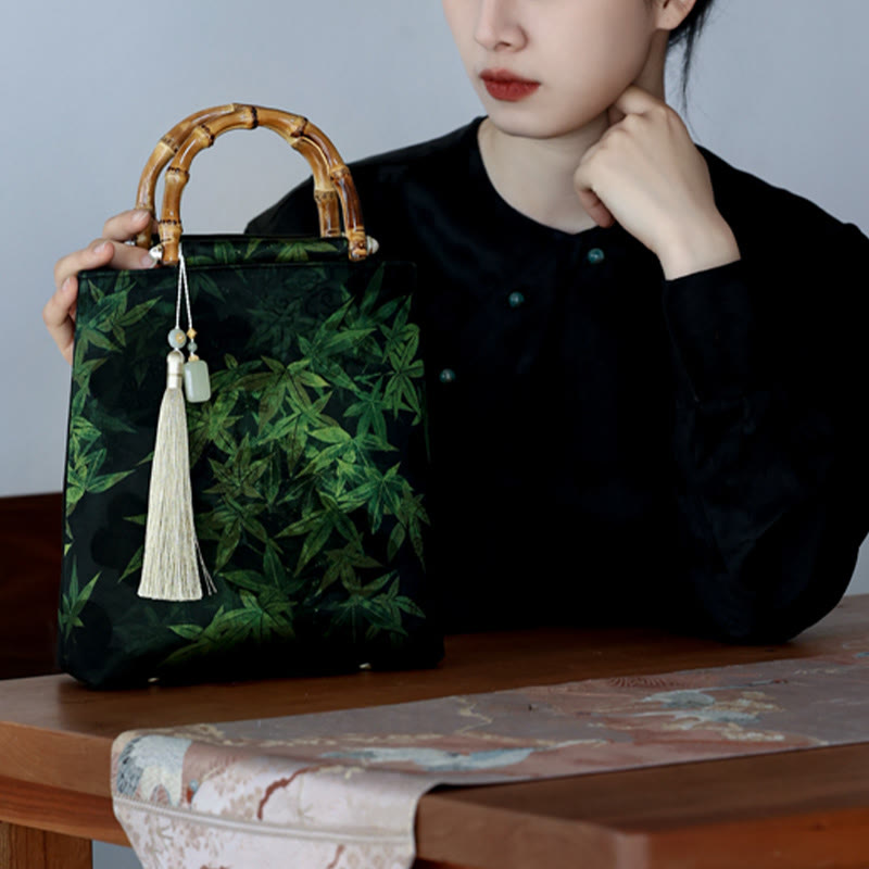 Nimara Ritual Bamboo Leaves Butterfly Koi Fish Bamboo Handles Handbag