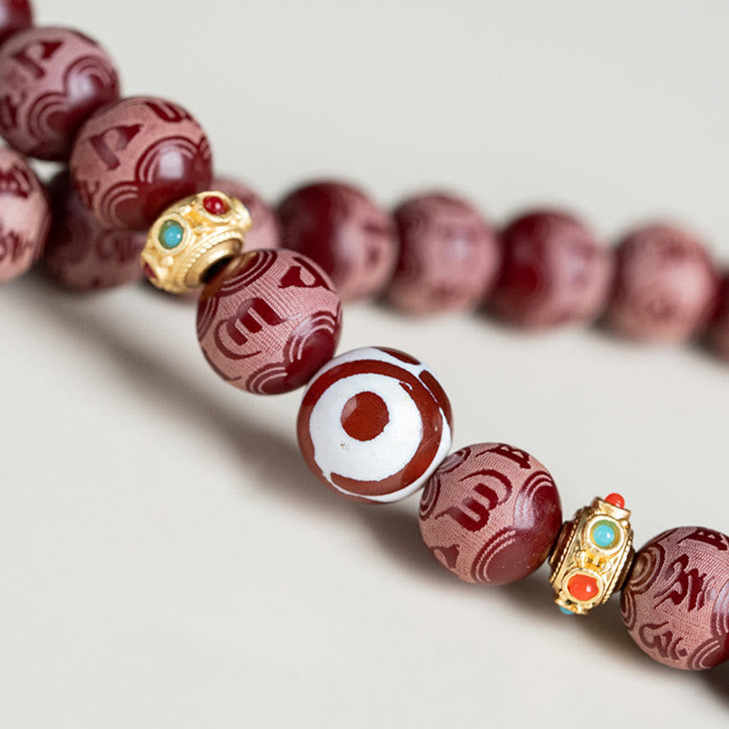 Nimara Ritual Red Bodhi Seed Om Mani Padme Hum Lotus Engraved Harmony Bracelet