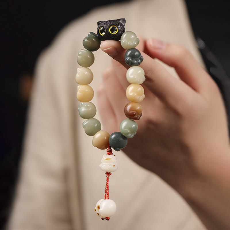 Nimara Ritual Natural Bodhi Seed Lovely Paw Ebony Wood Lucky Cat Wisdom Bracelet