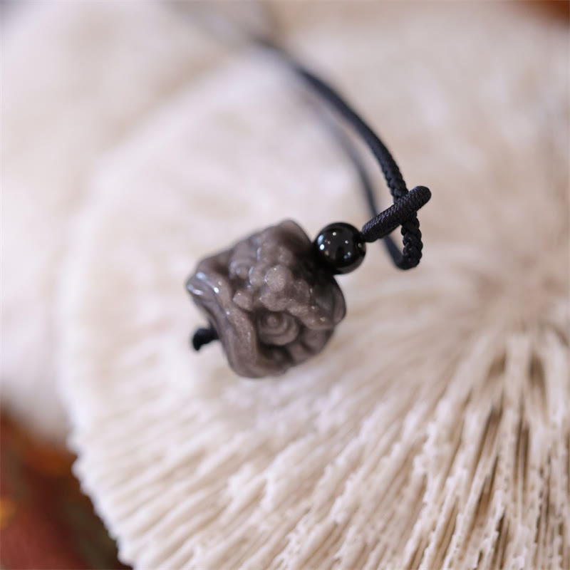 Nimara Ritual Natural Silver Sheen Obsidian Dancing Lion Protection Necklace Pendant