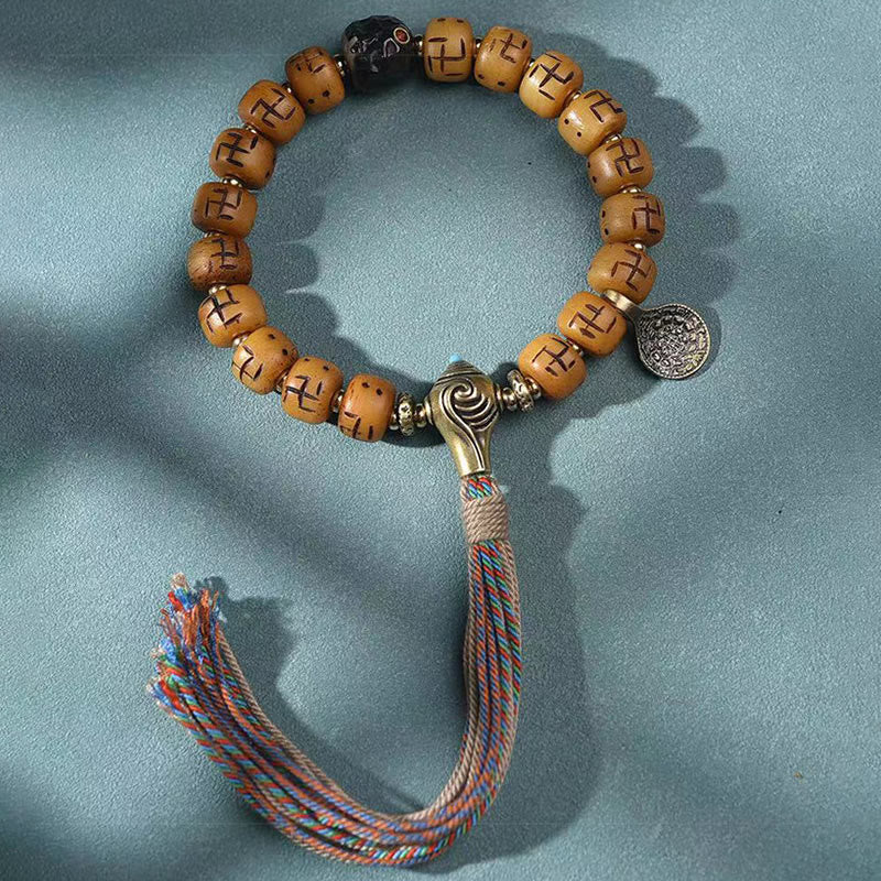 Nimara Ritual Natural Tibetan Camel Bone Swastika Dzi Bead Shankha Buddha Charm Kirtimukha Luck Protection Tassel Bracelet