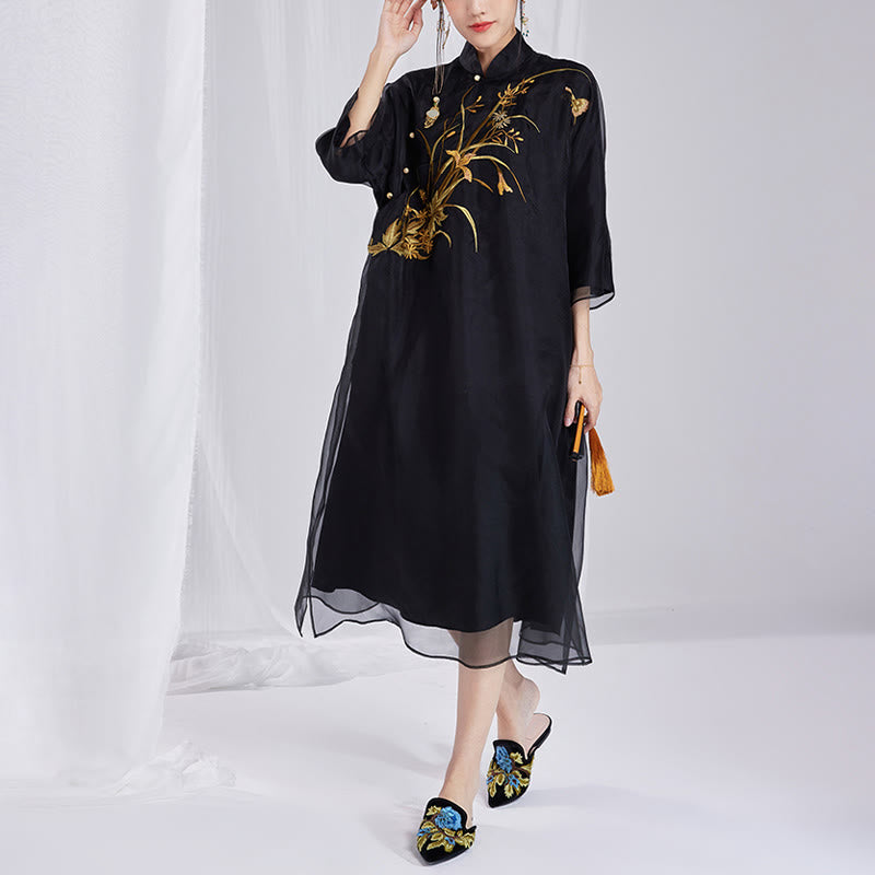 Nimara Ritual 100% Mulberry Silk 6 Momme Dress Vintage Flower Butterfly Embroidery Qipao Dress Women's Cheongsam Dress