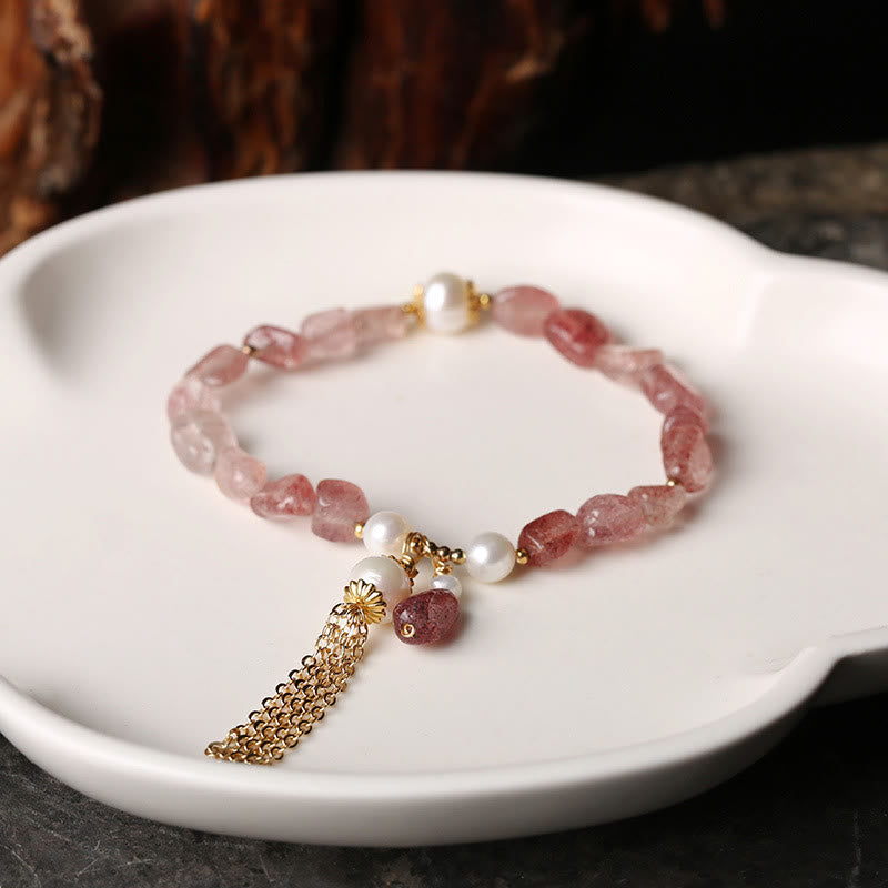 Nimara Ritual Natural Strawberry Quartz Pearl 14k Gold Plated Love Healing Bracelet