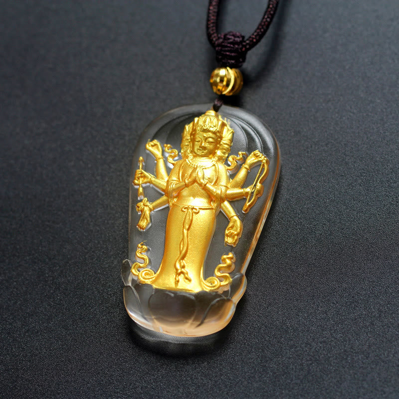 Nimara Ritual Tibetan Eight-armed Avalokitesvara Guanyin Buddha Gold Plated Liuli Crystal Wealth Necklace Pendant