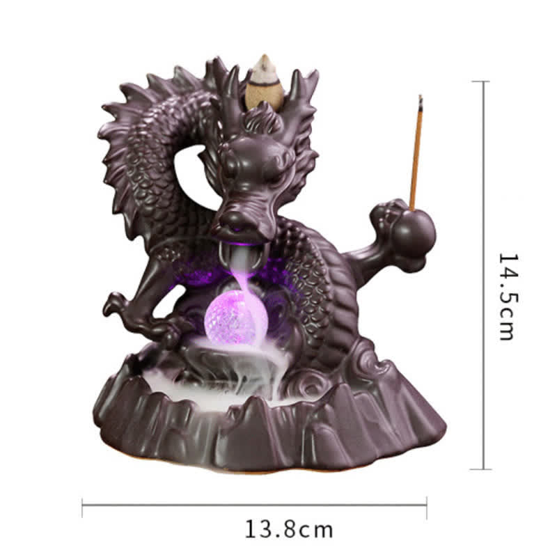 Nimara Ritual Auspicious Dragon Ceramic Backflow Smoke Fountain Meditation Healing Incense Burner Led Ball Decoration