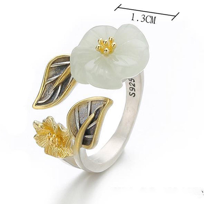Nimara Ritual 925 Silver Plated Copper White Jade Plum Flower Leaf Luck Ring