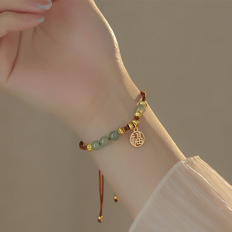 Nimara Ritual Jade Beads Fu Character Blessing Rope Bracelet