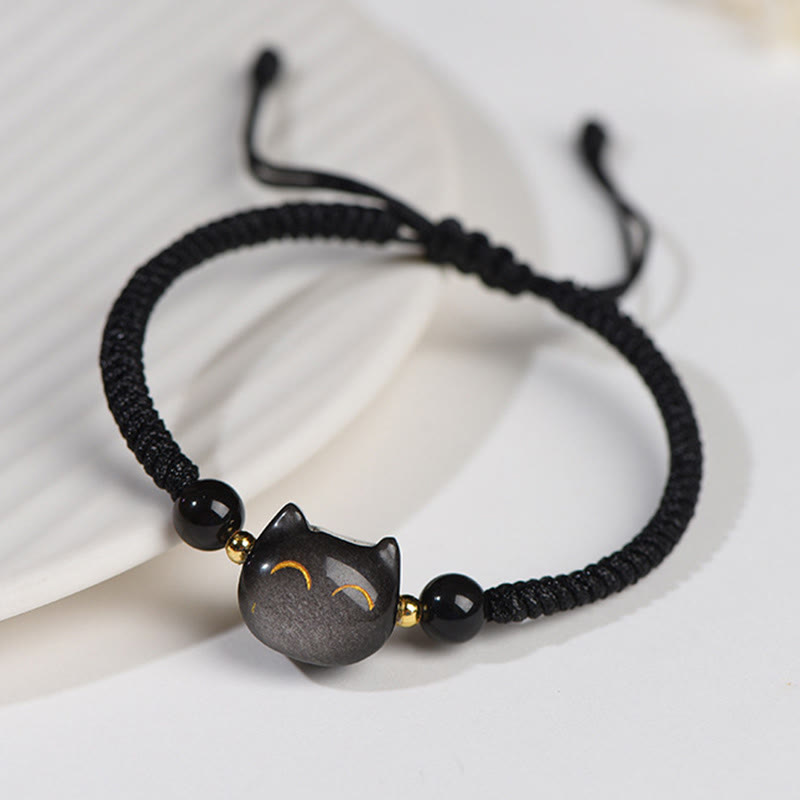 Nimara Ritual Handmade Natural Silver Sheen Obsidian Strawberry Quartz Cute Cat Protection Braided Bracelet