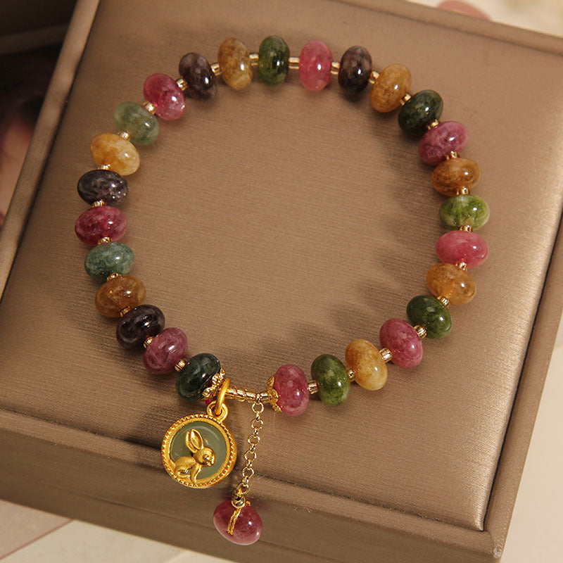 Nimara Ritual Natural Colorful Tourmaline Cute Rabbit Charm Positive Bracelet