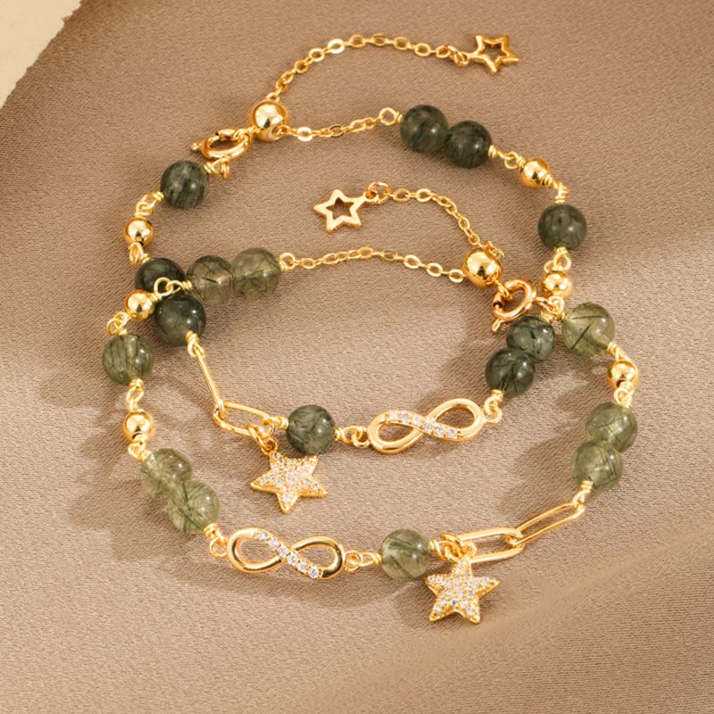 Nimara Ritual 14k Gold Plated Copper Green Rutilated Quartz MAbius Loop Eternal Love Star Protection Bracelet