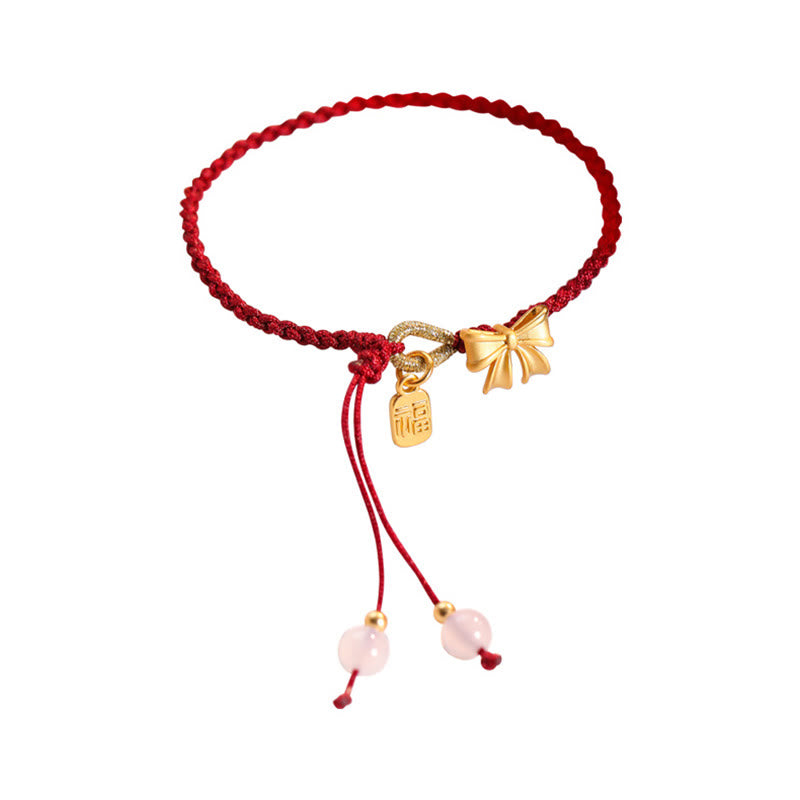 Nimara Ritual Handmade Peach Blossom Rosette Bow Knot Fu Character Charm Luck Fortune Red Rope Bracelet