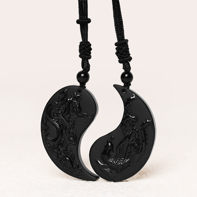 Nimara Ritual Black Obsidian Yin Yang Dragon Phoenix Luck Necklace Pendant