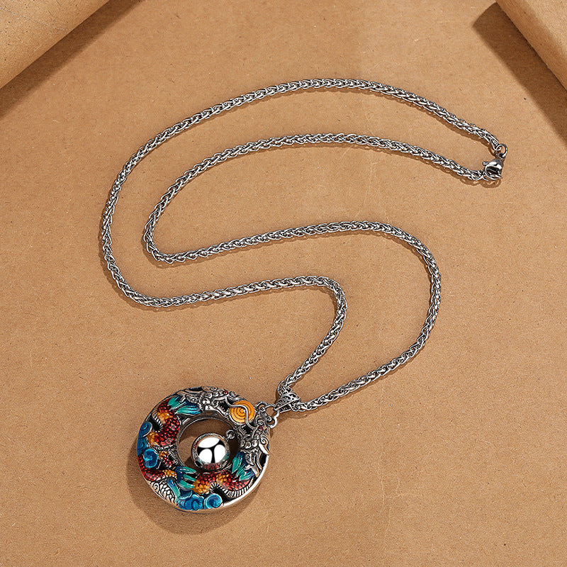Nimara Ritual Year of the Dragon Colorful Double Dragons Playing Bead Copper Protection Necklace Pendant