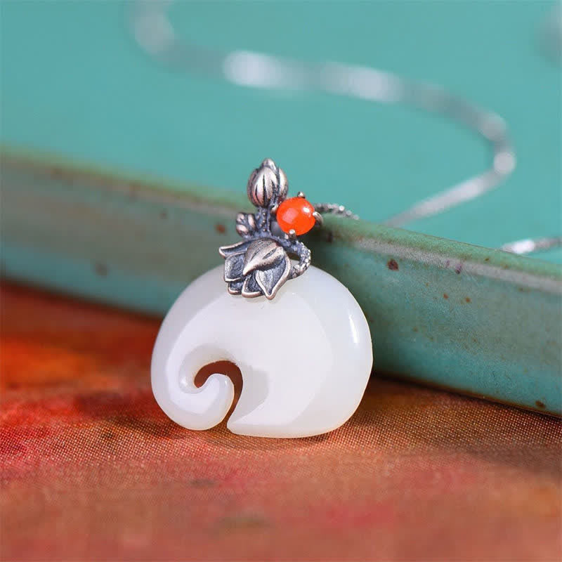 Nimara Ritual White Jade Elephant Lotus Protection Necklace Pendant
