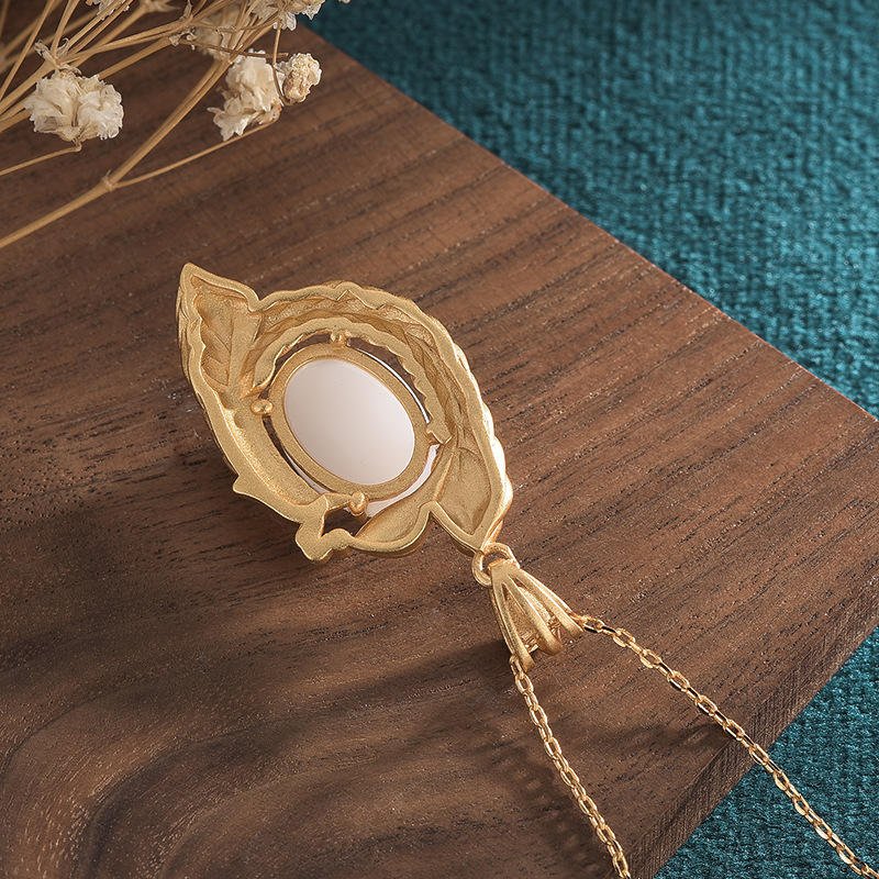 Nimara Ritual White Jade Peacock Copper Blessing Necklace Pendant