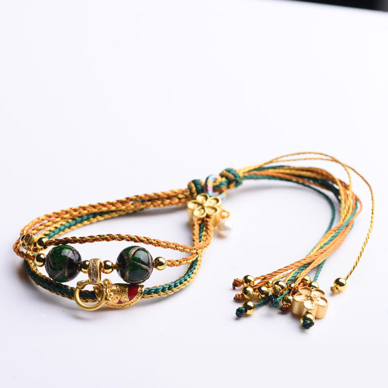 Nimara Ritual Tibetan Handmade Rope Liuli Glass Bead Braided Multilayered Healing Bracelet