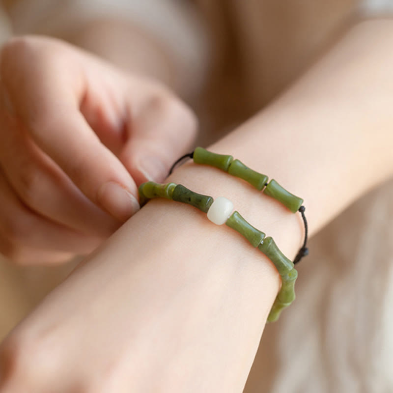 Nimara Ritual Green Bamboo Jade Pattern Luck Abundance Bracelet