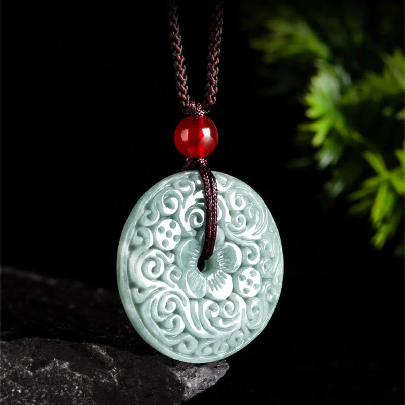 Nimara Ritual Green Jade Flower Carved Peace Buckle Abundance Necklace Pendant
