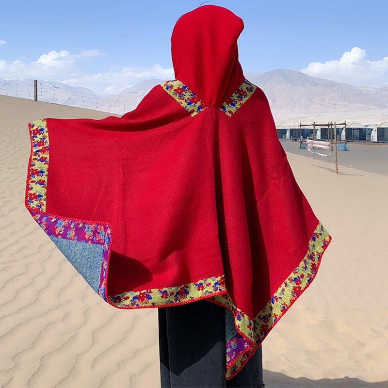 Nimara Ritual Tibetan Shawl Border Small Floral Flower Hooded Cloak Winter Cozy Travel Scarf Wrap