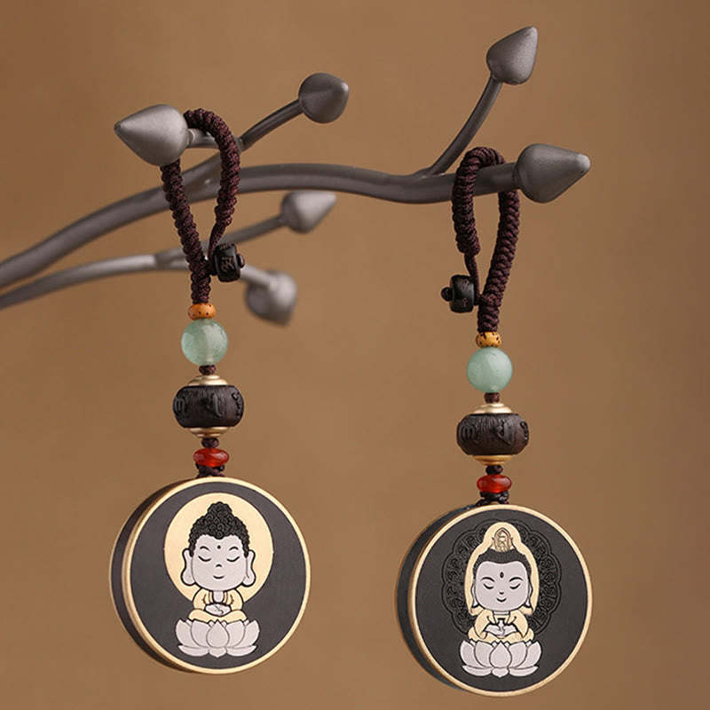 Nimara Ritual Ebony Wood Rosewood Buddha Avalokitesvara Om Mani Padme Hum Balance Car Key Chain Decoration