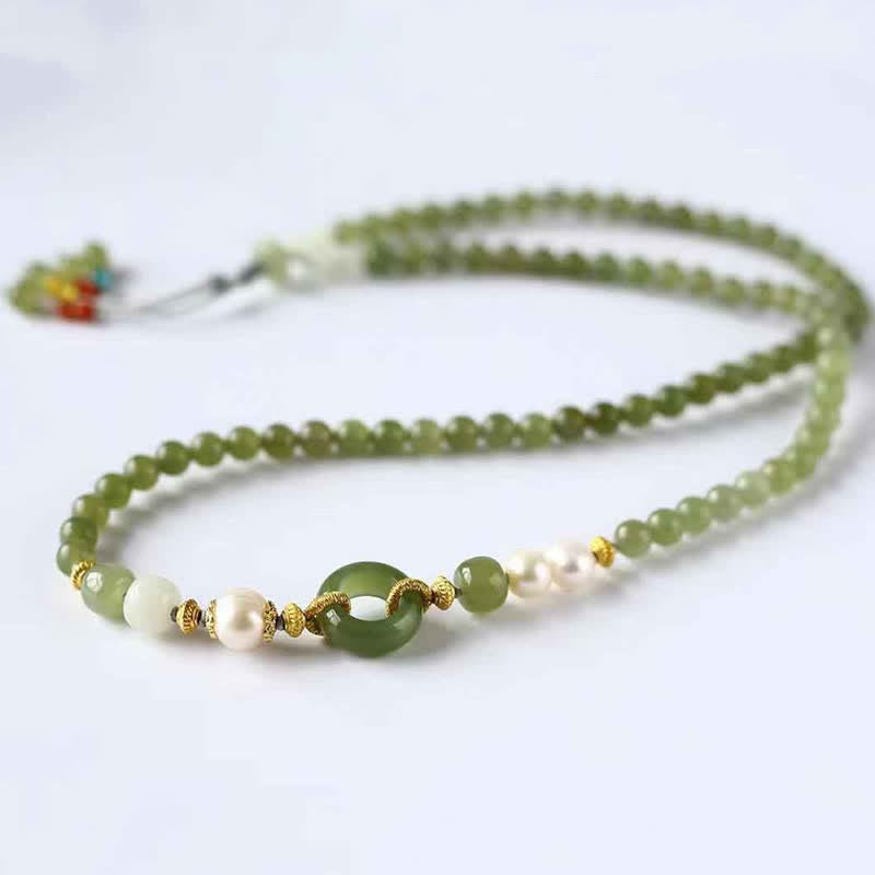 Nimara Ritual Hetian Jade Pearl Peace Buckle Luck Wealth String Bracelet