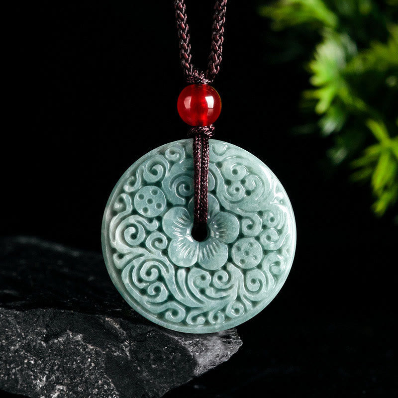 Nimara Ritual Green Jade Flower Carved Peace Buckle Abundance Necklace Pendant