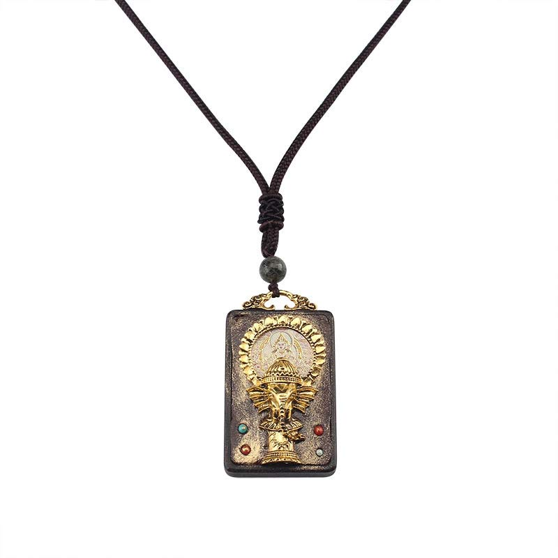 Nimara Ritual Ebony Wood Elephant God of Fortune Buddha Blessing Necklace String Pendant